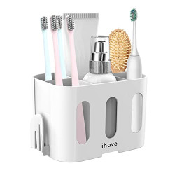 iHave Toothbrush Holders for Bathrooms, Premium Bathroom Organizer Countertop, Electric Tooth Brushing Holder with 5 Slots and 2 Hanging Holes