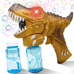 Dinosaur Toys for 1 2 3 4 5 Year Old Boys Jurassic Bubble Guns Bubble Machine Maker Blower for Kids with LED&Music Outdoor Toys for Toddlers, Birthday Gifts Yellow