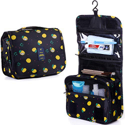 LAKIBOLE Toiletry Bag Multifunction Cosmetic Bag Portable Makeup Pouch Waterproof Travel Hanging Organizer Bag for Women Girls (Navy Blue Lemon)