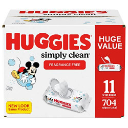 Baby Wipes, Unscented, Huggies Simply Clean Fragrance-Free Baby Diaper Wipes, 11 Flip Lid Packs -704 Wipes Total- 64 Count (Pack of 11)