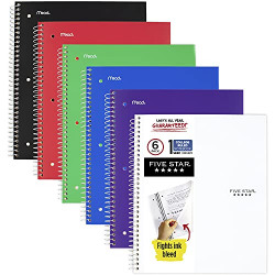 Five Star Spiral College Ruled Notebook, 1 Subject, Wired Note Book with Pockets, 100 Sheets, Home School Supplies for College Student or K-12, 11 x 8-1/2 , Assorted, Color Will Vary, 6 Pack (38052)