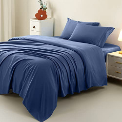 LIANLAM Queen Bed Sheets Set - Super Soft Brushed Microfiber 1800 Thread Count - Breathable Luxury Egyptian Sheets 16-Inch Deep Pocket - Wrinkle and Hypoallergenic-4 Piece(Queen, Navy Blue)