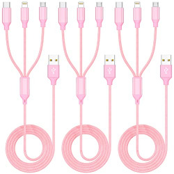 Multiple Charger Cable, 3Pack 4FT Multi Charging Cable Rapid Cord USB Charging Cable 3 in 1 Multi Phone Charger Cord with Type C/Micro/Lightning USB Connectors for Cell Phones and More(Pink)