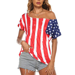 Women American Flag Off Shoulder T Shirt Fourth of July America Patriotic Tee Shirt USA Stars Stripes Tee Top (USA Flag, Medium)