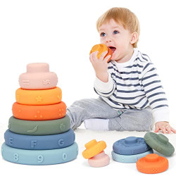 SYNPOS 6 PCS Baby Stacking Teething Toy, Stacking Nesting Toys, Soft Building Stacker Squeeze Toy, Baby Montessori Sensory Toys with Number, Fruit and Shape, Early Learning Toys for Toddlers 6 Months