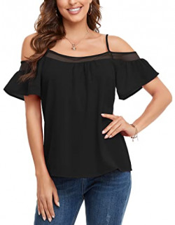 Vshemoi Sexy Summer Tops Black Blouses Off The Shoulder Tops with Strap Chiffon Blouse Short Sleeve Mesh Contrast Loose Fit Ladies Tops Cute Date Night Dressy Shirts L
