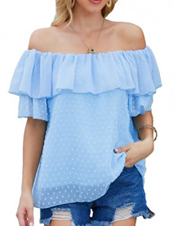 LUXUR Womens Off Shoulder Top Summer Ruffle Chiffon Blouses Short Sleeve Top Business Casual Top Blue S