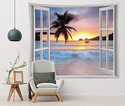 HIYOO Home Sunrise Beach Tapestry Wall Hanging, Sunset Sea Ocean Tapestry Tropical Seashore Island Wall Tapestry Beach Wave Nature Tapestry, Beach Wall Decor for Dorm Bedroom Living Room 60 W x 51 L