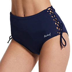 BALEAF Women's High Waisted Bikini Bottoms Tie Feature Swim Bottom Modest Full Coverage Swimsuit Bottom Blue XL