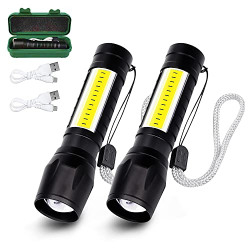 2-Pack USB Rechargeable Flashlight 3 Modes, High Lumen Zoomable LED Flashlight with COB Side Lights, Portable Waterproof Handheld Flashlights for Camping, Outdoor, Emergency and Daily Use