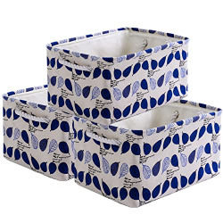 Alefar Rectangular Fabric Storage for Organizing(3 Pack), Decorative Storage Gift Baskets Set for Shelves, Large Bins with Handles for Closet, Clothes, Toy, Book, Home, Office (Blue Leaves)