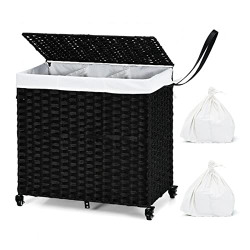 Laundry Hamper with Wheels and Lid, 125L Divided Laundry Basket with Removable Liner Bag