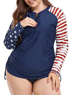 Halcurt Rash Guard for Women Plus Size Long Sleeve Zipper USA Flag Swimsuit 3X