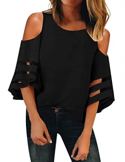 LookbookStore Sexy Cold Shoulder Tops for Women Black Crewneck Mesh Panel Blouse 3/4 Bell Sleeve Loose Tops Shirt Size Medium