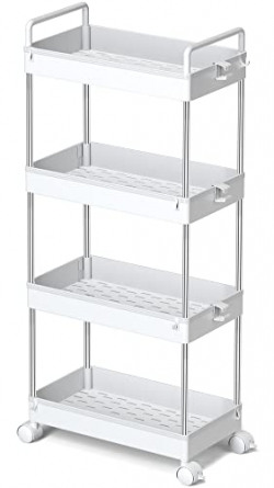 Ronlap 4 Tier Classic Storage Rolling Cart, Thin Storage Cart with Wheels Slide Out Storage Rolling Cart Organizer Plastic Utility Carts for Bathroom Laundry Room Kitchen Office Narrow Place, White