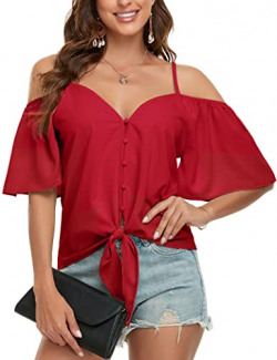 Vshemoi Women's Summer Off Shoulder Tops Plus Size Tops for Women Button Down Knot Front Ruffle Short Sleeve T Shirt Blouse Sexy Tops for Women Date Night Red XL