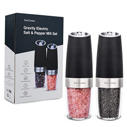 SimCoker Gravity Electric Salt and Pepper Grinder Set Battery Operated , Adjustable Coarseness with LED Light Follow, One Hand Automatic Operation, Stainless Steel Black, 2 Pack
