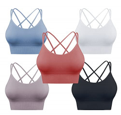 KLVEE Sports Bras for Women Criss-Cross Back with Removable Cups Low Impact Workout Fitness Yoga Cropped Tank Tops Set (Medium, 5 Pack Black+White+Blue+perple+red)