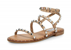 Steve Madden Travel Tan Leather Strappy Open Toe Pyramid Studded Flat Sandals (Tan, 5)