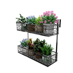MORITIA Iron Hanging Shelf Basket with Hooks, Balcony Flower Pot Holder Railing Shelf, for Patio Porch or Fence (2-Tier, L, 23.6 x7.8 x21.6 inch)