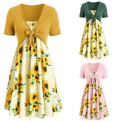Sunflower Dress for Women Short Sleeve Bowknot Top Swing Dresses Casual Sundress