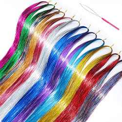 Fshine Fairy Hair Tinsel Kit with Pliers 12 Colors 2400 Strands Heat Resistant Glitter Sparkling Shiny Hair Tinsel Clip in Hair Extensions 47 Inch Hair Tinsel Extensions with pulling Hook