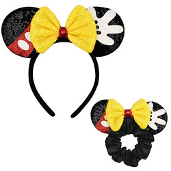 1 Pcs Shiny Mouse Ears Headband and 1 Pcs Sequin Mouse Ears Velvet Scrunchies with Bow Hairs Accessories for Girls Women Adult Kids Birthday Party (yellow)