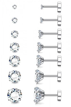 Suprsparkle 7Pairs 20G Hypoallergenic Stud Earring For Women Men Cubic Zirconia 316L Stainless Steel Earring Studs Cartilage Earring Stud Set Flatback 2-8mm