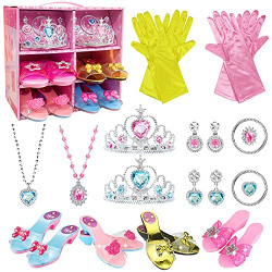 WTOR Princess Dress Up Shoes Toys 4 Pairs Girls Plastic Shoes and Jewelry Accessories Role Play Collection Shoe Set for Girls 3 4 5 6 7 8 Years Old