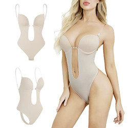 Backless Body Shaper Bra, Invisible Plunge Bodysuits Seamless Thong,Built-in Tummy Control Shapewear for Women. (L/36, Khaki)