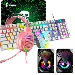 5in1 Gaming Keyboard and Mouse Combo,RGB Keyboard ,12W HD Sound Speakers Rainbow LED Backlit Wired Keyboard,2400DPI 6 Button Optical Gaming Mouse,RGB Gaming Headset,MouseMat for PC PS4 (White)