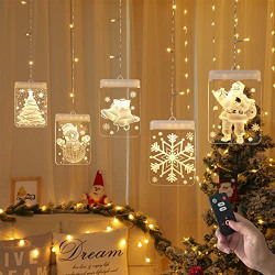 Christmas Window Hanging Lights Decorations, Xmas Decor Dimmable 3D LED Curtain String Lights with Remote Control, Warm White Twinkle Lights for Indoor/Outdoor/Window/Bedroom/Patio/Xmas Tree