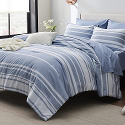 Bedsure Bed in a Bag Queen 7-Piece Blue White Striped Bedding Comforter Sets All Season Bed Set, 2 Pillow Shams, Flat Sheet, Fitted Sheet and 2 Pillowcases