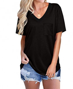 Spring Womens T Shirts V Neck Loose Fit Tshirts Short Sleeve Tops for Juniors Black S