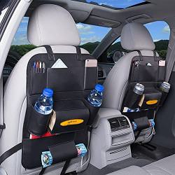 PU Leather Car Backseat Organizer - 8 Storage Pockets Car Seat Back Organizer, Car Seat Storage Organizers with Tissue Box/Cup/Umbrella Holder, Back Seat Protector Kick Mats for Road Trip Kid, 2 Packs