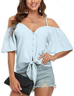 Vshemoi Cold Shoulder Tops for Women Short Ruffle Sleeve Country Concert Outfits for Women Sexy Tops for Women Party Club Night Cleavage Sexy Tops for Women Blue S