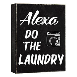 Laundry Room Decor, Alexa Do The Laundry Box Sign - Rustic Wooden Farmhouse Decor for Home, Funny Modern Wall Decorations for Laundry Room or Shelf Accent, 6x8 Black Wooden BoxFamily Plaque Gifts