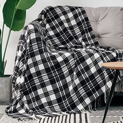 LALIFIT Decorative Faux Cashmere Throw Blankets Fluffy Classic Black White Plaid Fringe Throw Blanket with Tassels Cozy for Home Couch Sofa Farmhouse Outdoor Decor 50  x 60  (Black White)
