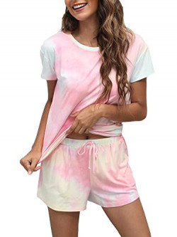 MessBebe Women's Short Sleeve Tie Dye Pajamas Set 2 Piece Sleepwear Shirt with Shorts Loungewear Multi-Color M