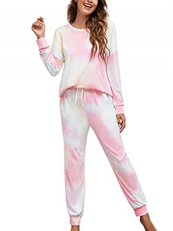 MessBebe Womens Tie Dye Pajamas Set Long Sleeve Tops and Pants Casual PJ Sets Nightwear Sleepwear Multi-Color M