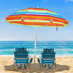 Canpsky 6.5ft Outdoor Beach Umbrellas UV 50+ Protection Windproof Portable Patio Umbrella for Sand Heavy Duty Beach, Garden Sunshade Umbrella with Push Button Tilt, Sand Anchor (Rainbow Stripe)