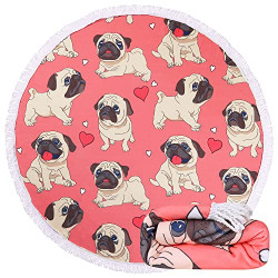 Large Round Cute Dog Beach Towel with Tassels Microfiber Quick Dry Sand Free Roundie Throw Beach Blanket Hippy Gypsy Printed Yoga Towel for Travel Absorbent Circle Table Cloth Tapestry-Pug, Pink