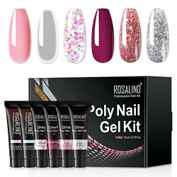 ROSALIND Wine Poly Nails Gel Set, 6 Colors Glitter Poly Extension Gel Set Clear Pink Crystal Purple Mix Style Gel Nail Extension for Nails Art, 15ML Poly Nails Salon Effect DIY at Home Nail Enhancement Gel