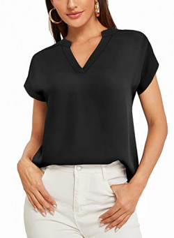SUNAELIA Women Black Shirts V Neck Chiffon Blouses Workwear for Women Office Summer Casual Loose Shirts Tops Black M