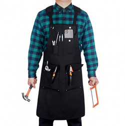 Waxed Canvas Apron, Adjustable Black Aprons for Men and Women, Heavy Duty Work Apron With Pockets and Cross Back, Waterproof Shop Apron for Welding, Woodworker, Machinists, Lathe Work, Bartenders, Barbers