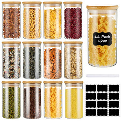 Glass Jars with Bamboo Lids,Spice Jars with Bamboo Lids,12 OZ Glass Storage Jars,12Pcs Glass Canisters with Wood Airtight Lids ,Labels,Glass Storage Containers for Food,Coffee Beans,Candy,Spice Pantry