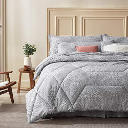 Hansleep Bed in a Bag 8 Pieces, Queen Size Bedding Comforter Sets with Exquisite Baroque Pattern - Comforter, Fitted Sheet, Bed Skirt, Flat Sheet, Pillowcases, Pillow Shams (Grey Baroque, Full/Queen)