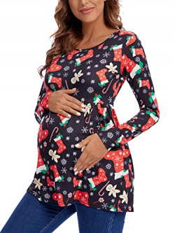 Jezero Women's Maternity Tops Christmas Short & Long Sleeve Side Ruching Round Neck Shirt S