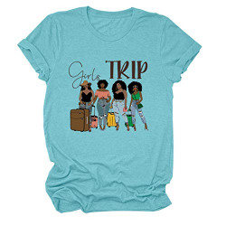 HHLE Women's Funny Tops, Girls Trip Casual Blouse Top Short Sleeve Graphic T Shirts Summer Traval Shirts Water Blue, Small