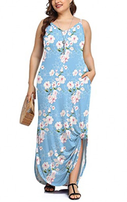 POSESHE Women's Plus Size Casual Fit Sling Dress Sleeveless Split Fashion Summer Maxi Dresses with Pocket Flower Light Blue X-Large